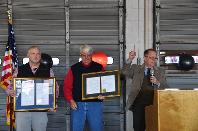 Retirement celebration of Capt. Ricky Grant from the Chester Fire Department after 37 years. Chester County Supervisor Shane Stuart, left and State Sen. Mike Fanning right. Fanning presented a Joint General Assembly resolution honoring Grant's service to the community.