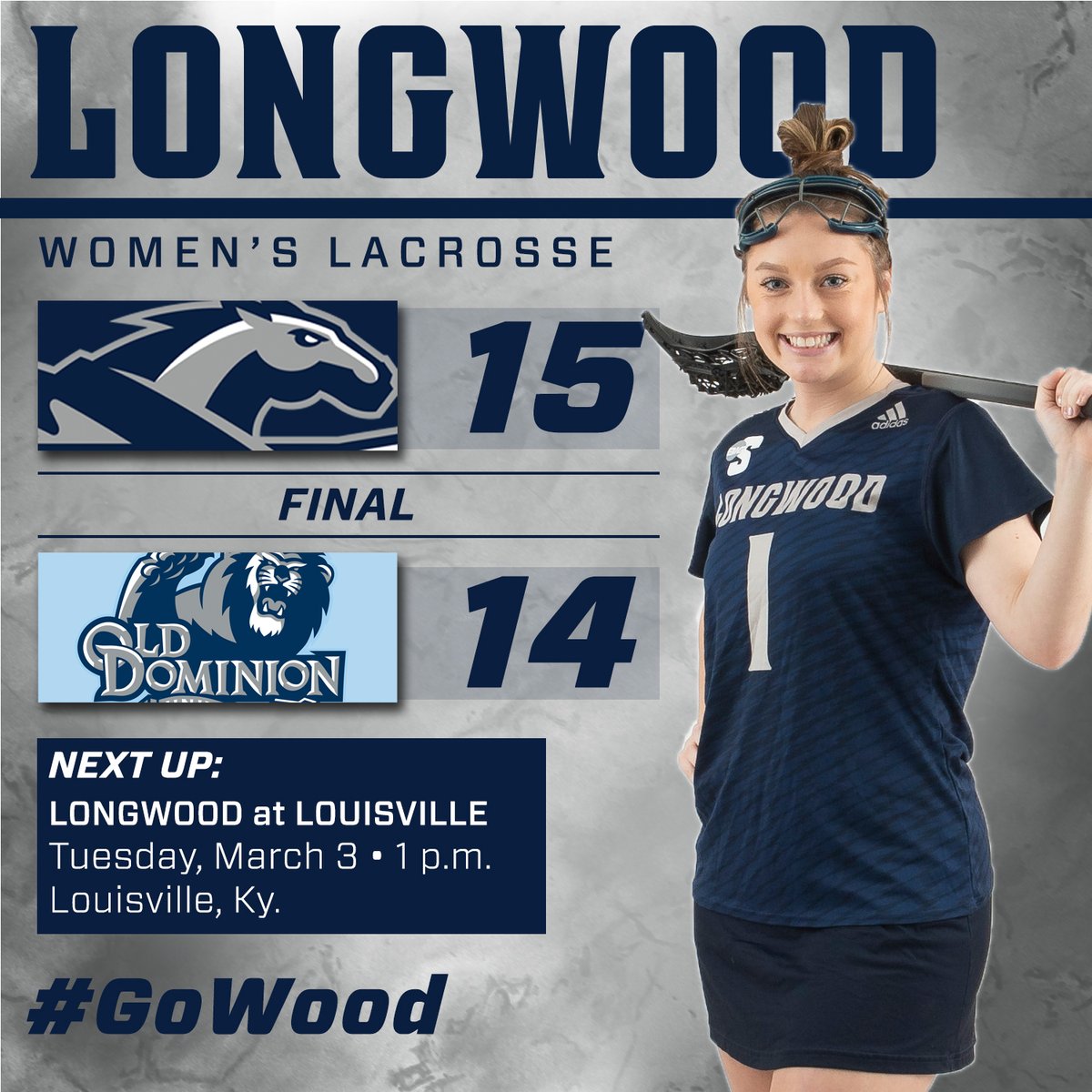 LongwoodLax's tweet photo. LANCERS WIN!!! Lexi Davis' late goal lifts Longwood over Old Dominion in a gut check win, 15-14! Emma Johnson had five goals for the Lancers, and Dani Burke added 12 saves in goal. #GoWood https://t.co/uUKjintlQs