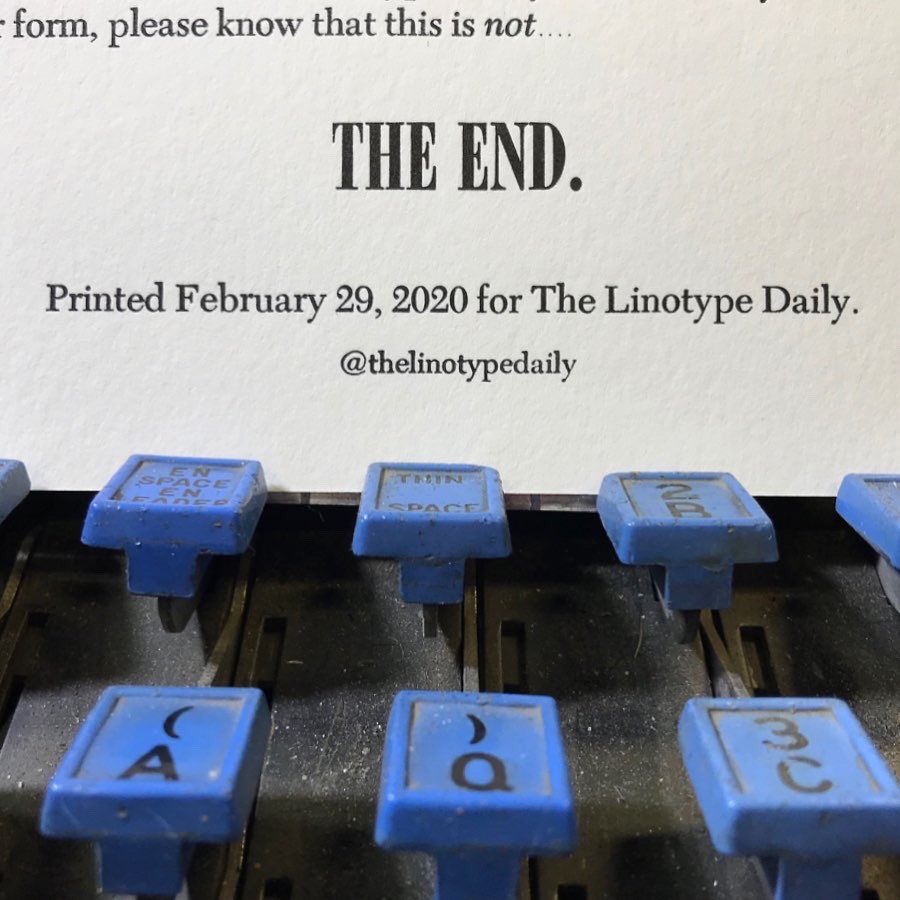 TLinotypist's tweet photo. ...aaaand, done. See you in 4 years!Support your local (if still good) newspaper, journalists in whatever medium, artists and your local printers! #letterpress #linotype #newspaper #covid19 #leapday #dwiggins Cast in 12pt Metromedium, 12pt Caledonia and Bodoni Campanile https://t.co/Md69vLkcp9