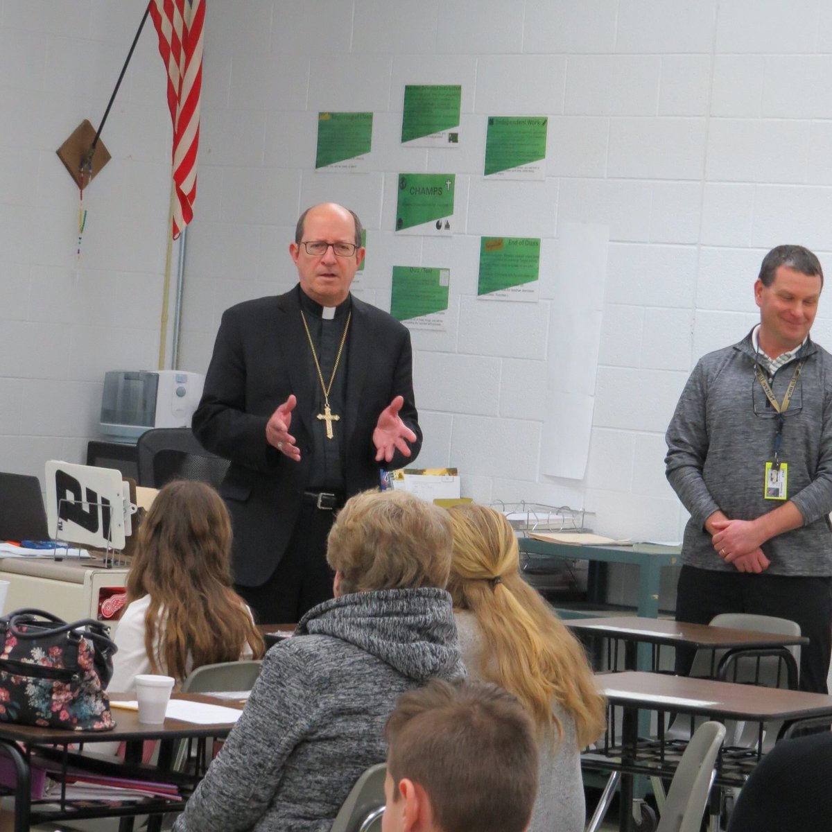 BrainardMJohn's tweet photo. During Catholic schools week, I was blessed to have Bishop Walkowiak stop in after mass to give my class a geography lesson. #MCCE #CrusaderPride https://t.co/9y8K3V8Osn