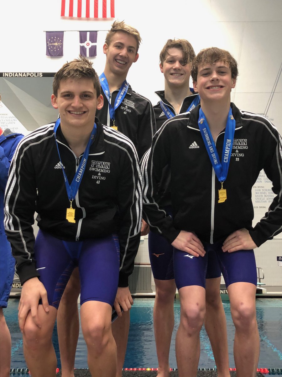 The_Pennant's tweet photo. State Champions Joel Cummins, Aaron Dies, Brock Zuyderwyk, Joseph Radde - Penn 200 freestyle relay. @IHSAA1 Swim State Championships. #bluerings https://t.co/I1PjrSzQal
