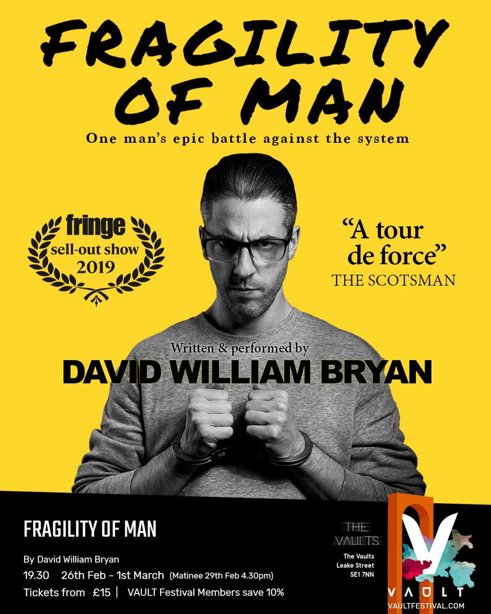 RevWhoGuest's tweet photo. Have been waiting a while to see #FragilityOfMan & it was worth it. @DavidWBryan is the master of the monologue & this powerful solo show is a magnificent dramatic assault on the senses @VAULTFestival telling a story of a young man battling personal demons & Thatcherism⭐⭐⭐⭐⭐ https://t.co/6fnpIdVqRU