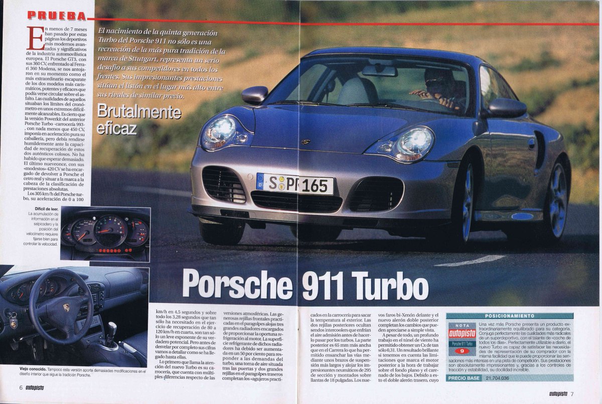 AyerCars's tweet photo. #Hace20años en Autopista del 29/02/2000: prueba doble del Porsche 911 Turbo, con caja manual y automática tipo Tiptronic ("Brutalmente eficaz") https://t.co/SrZ3Wh9bPs