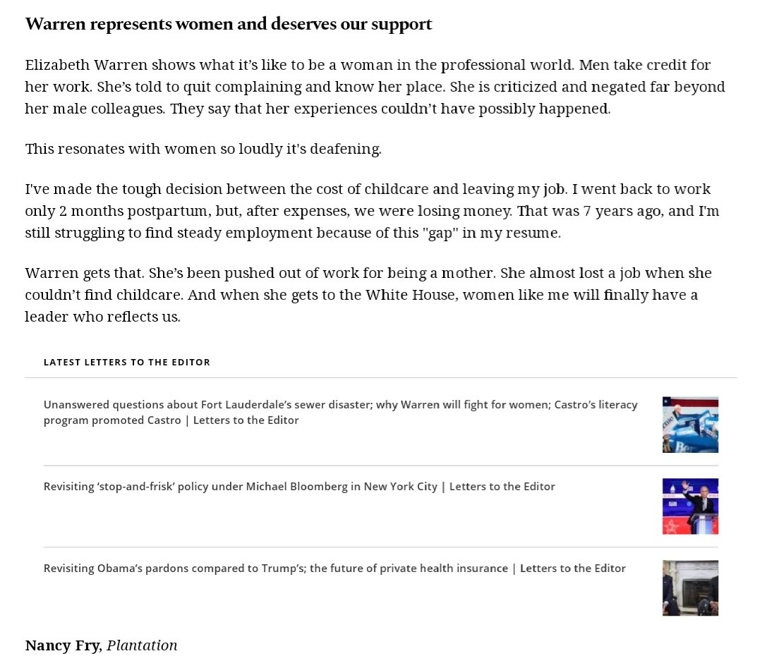 nancyfryfl's tweet photo. #TFW your Letter to the Editor about @ewarren is published!!! 🗽💪

Thank you @SunSentinel!

https://t.co/Cjq9mB7EcG

#PresidentWarren #WarrenForTheWin #Warren2020 #TeamWarren #LFG #FlaPol https://t.co/RdnpOnXqUN