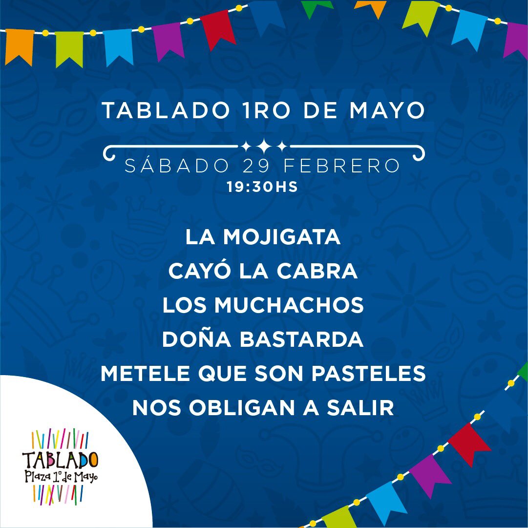 Noche de sábado HOY en el Tablado 1ero de Mayo. Actuan:

- LA MOJIGATA
- CAYÓ LA CABRA
- LOS MUCHACHOS
- DOÑA BASTARDA
- METELE QUE SON PASTELES
- NOS OBLIGAN A SALIR

Si es Carnaval es en el Tablado 1ero de Mayo.🎭

🎟Entradas en reduts.com.uy y puntos de venta.