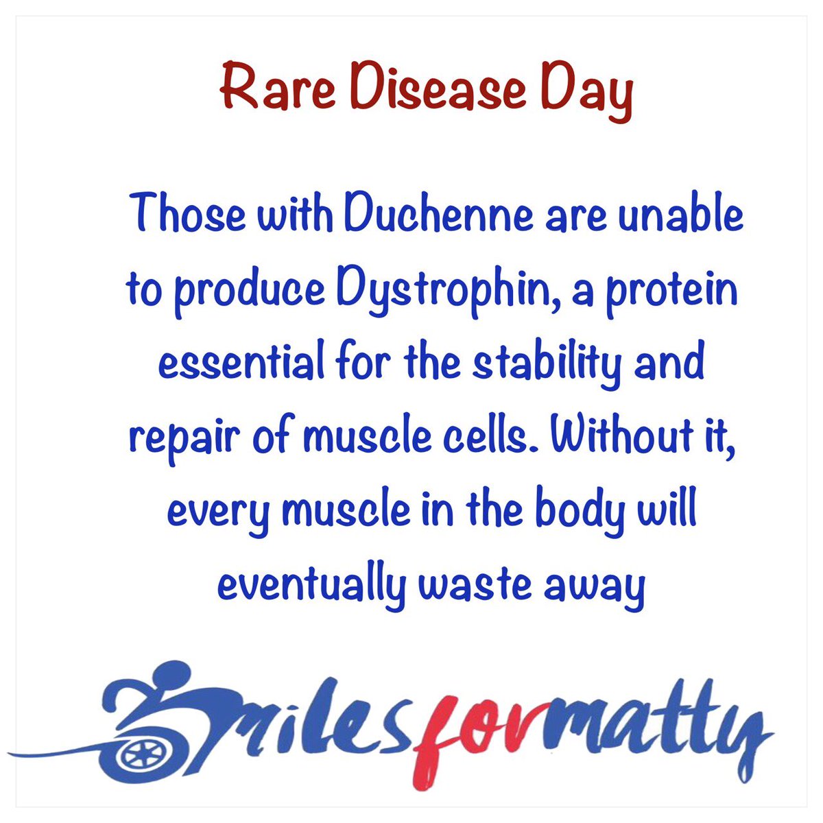 milesformatty's tweet photo. Rare Disease Day is today. Duchenne Muscular Dystrophy is a rare Disease. To learn more about it please scroll through the photos #rarediseaseday #duchennemusculardystrophy https://t.co/tyj9i0Z0yU