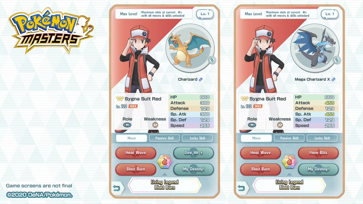 PokemonMasters's tweet photo. Introducing: Sygna Suit Red &amp; Charizard’s move set! 

🔥 Heat Wave: Inflicts damage on all opponents

🔥 Blast Burn: Accuracy = 90 / Move cost = 4

🔥 Passive skill: Piercing Gaze 

Use their sync move to Mega Evolve Charizard into Mega Charizard X!

#PokemonMasters https://t.co/i1dEpnmzM9