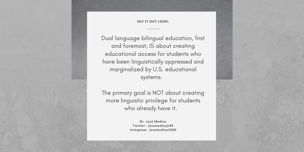 JoseMedinaJr89's tweet photo. I have been getting a lot of questions about the #gentrification of #duallanguage, so I am reposting this from last year. 

DL &amp; #bilingualeducation have to be grounded in #equity &amp; #socialjustice. We must disrupt any educational system that chooses to ignore our primary purpose. https://t.co/fY38JivWgL