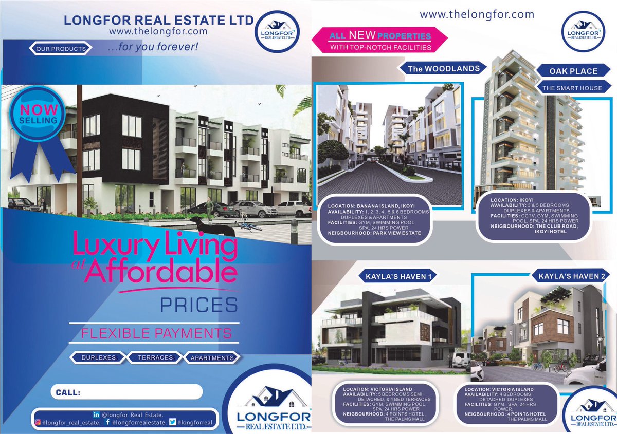 a Pofessional Real Estate company, introduces Spanking New and smart Properties in Ikoyi, Vi, Lekki, Ikeja GRA and other cities near you! find well finished Semi-detached and fully Detached Terraces and Apartments and with lexible payment Plan. Call: 08160000556.