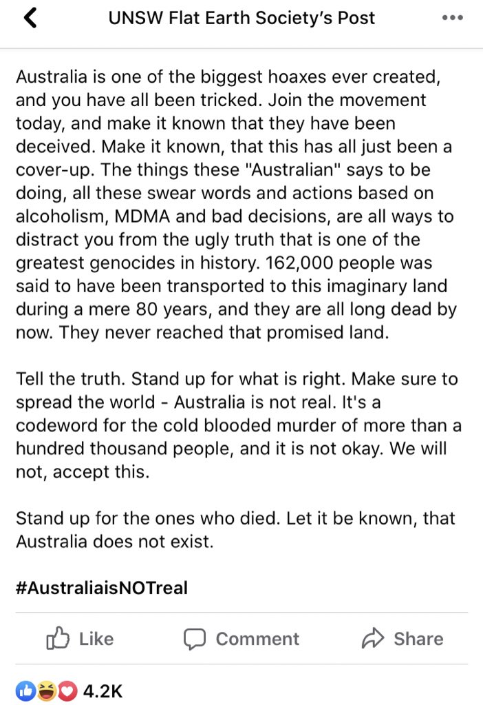 Wow. Stop what you’re doing and read this absolutely bananas Facebook conspiracy theory invented by the flat earthers who needed a quick way to explain an obvious flaw in their beliefs.

cc: all of Australia 🇦🇺