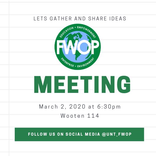 UNT_FWOP's tweet photo. 🎉Great news! We are gathering on Monday March 2. in Wooten hall 114 @6:30pm to come up with ways to help the Denton Community! Stop by for some snacks & bring your ideas! #UNTFWOP #letsmakeadifference #wemeangreen #UNT #futurewithoutpoverty 💚🦅🌎 https://t.co/d0a3jrMweG