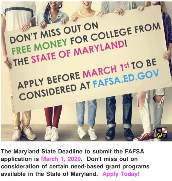 emilydow's tweet photo. The Maryland State deadline to submit the FAFSA application is March 1, 2020 - TOMORROW! Don't miss out - with the FAFSA, you can be considered for need-based grant programs available in the State of Maryland.  https://t.co/lYLoqj5fvH https://t.co/mxNsdi8KP2