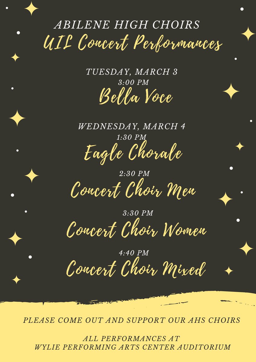 wendywooweeks's tweet image. It’s our UIL Evaluation week, and we would love to have lots of AHS Choir supporters in our audience! 🦅🎶❤️#abilenehighchoir #abilenehigheagles #abileneeagles