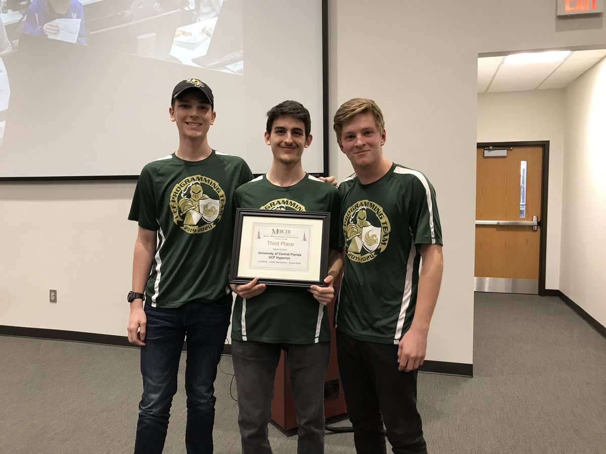 ucfprogteam's tweet image. Congratulations to team UCF Hyperion (Jacob Steinebronn, Lior Barak, Daniel West) for their third place finish in the Large-school/Senior division of the 2020 Mercer University Spring Programming Contest! @UCFComSci @UCFCECS #ChargeOn