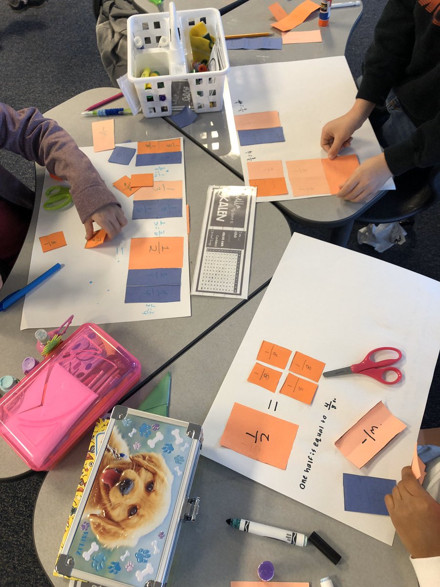 sixthgradecity's tweet photo. When you have left over pieces from the basic fraction ordering lesson and challenge kids to use them to find equivalent fractions... the results and discovery are amazing! Most kids took on the optional challenge! I love it! #mathconnectsus #proudtobeHSD https://t.co/JtJqb5XFeH