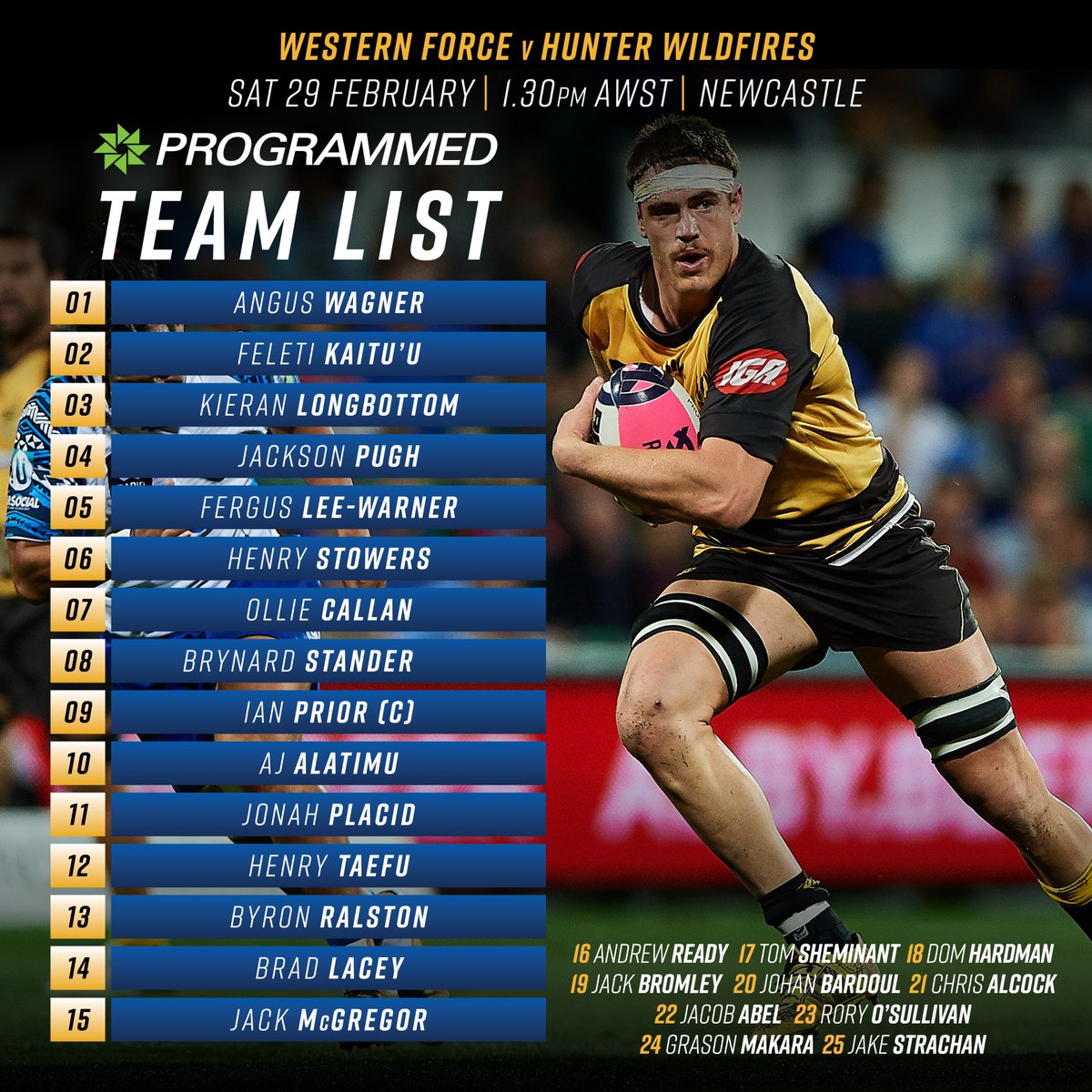 westernforce's tweet photo. π¨ TEAM LIST! - Hunter Wildfires to become the hunted!
Your team to take on the Hunter Wildfires this Saturday. Click here to watch the game via Bar TV β‘οΈ https://t.co/iVbhMjLUmF
#ForceForever https://t.co/2cD7fbDaZj