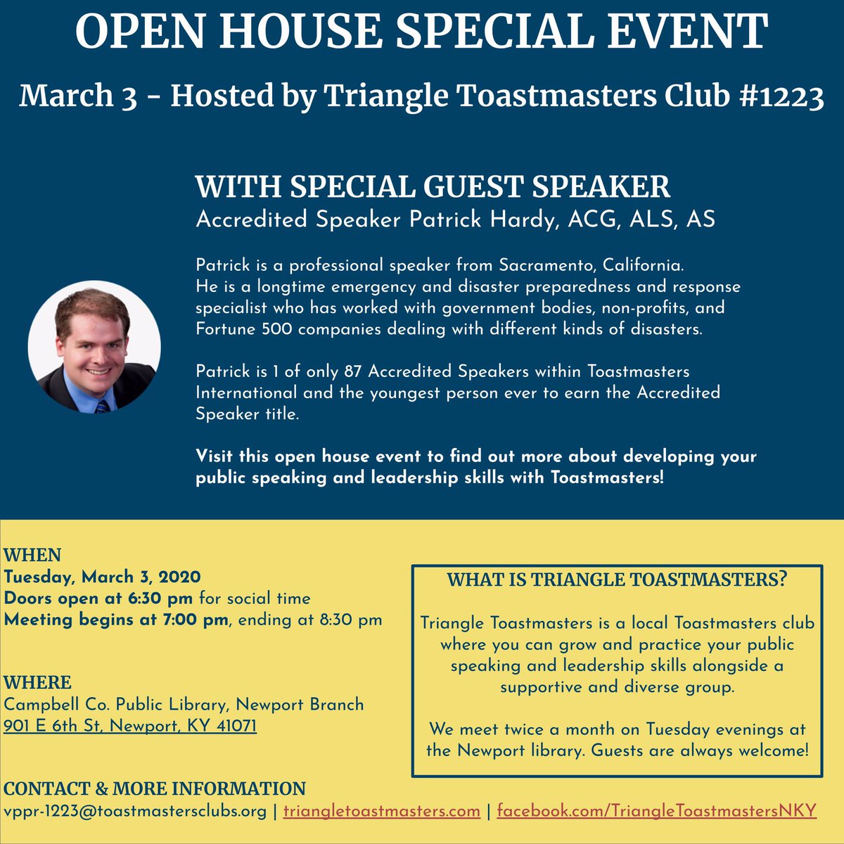 Triangle Toastmasters is a local Toastmasters club for developing public speaking and leadership skills. ⁣

Visit our Open House event to hear our special guest speaker and learn more about how Toastmasters can help you achieve your goals!⁣ 

facebook.com/events/2714954…