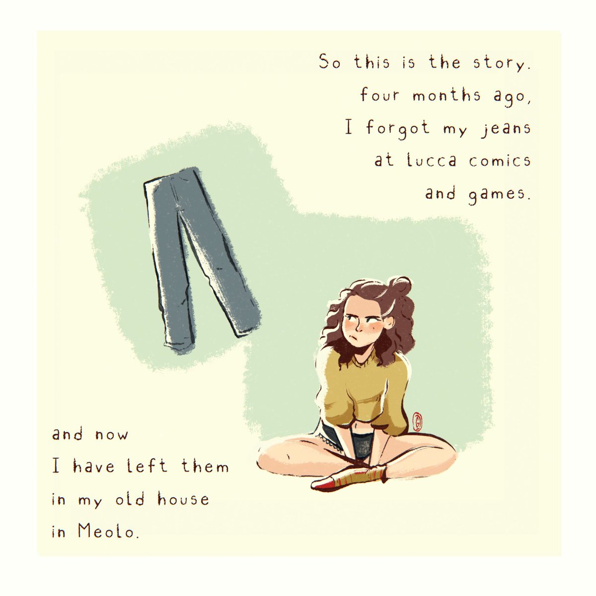 giada_carboni's tweet photo. My jeans story!
Choose your explanation!
.
.
#digital2d #comics #comicstrip #artistsofinstagram #artistsoninstagram #blue #jeans #ipadart #feelingblue #selfcare #oc #drawing #doodle #digital #cartoon #selfhelp #me #girl #reallife #reallifecomics #lost #pastel https://t.co/5iY0HP0zXV