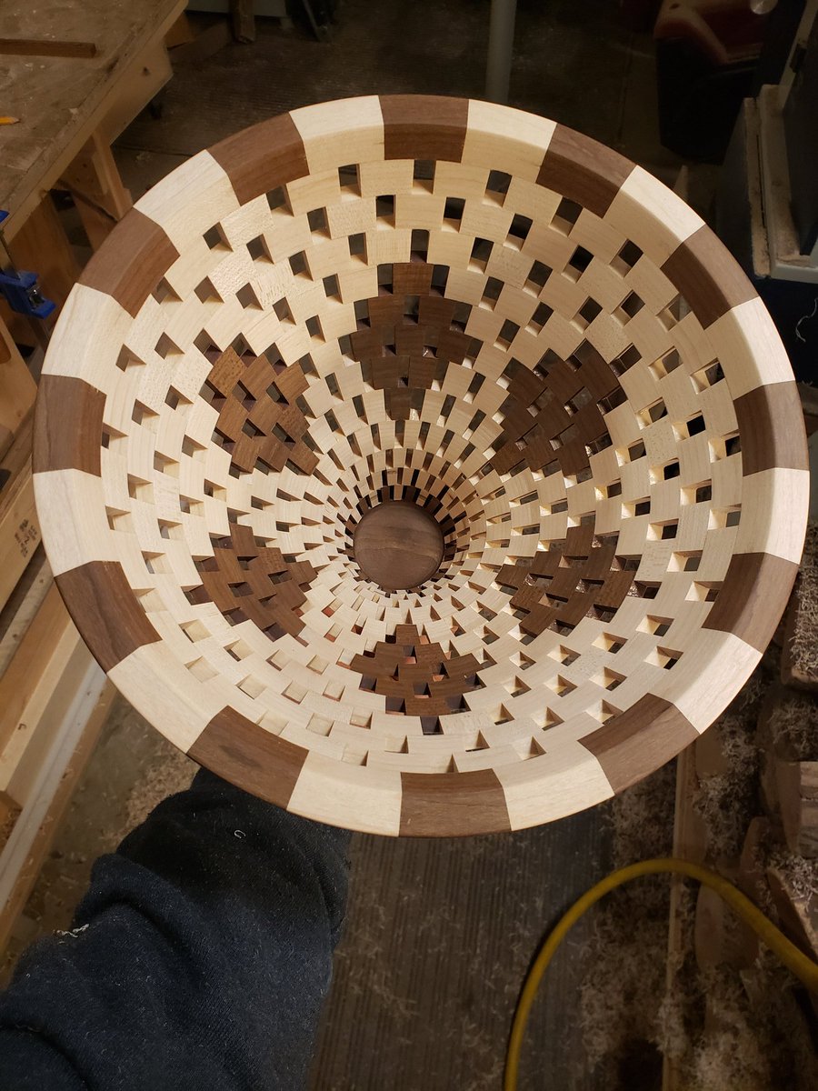 KyleStubbins's tweet photo. Although I was originally looking for more of a "swoop" to it, I'm quite pleased with the result. I'm getting used to the software used to lay it out &amp; don't think I optimized the cut list properly, which made it difficult to get the shape I wanted. #woodworking #segmentedturning https://t.co/Jst8LPIJ6k