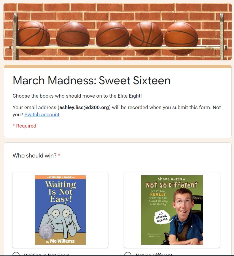 D300Digital's tweet photo. At Sleepy Hollow, students are participating in March Madness for books. They are voting with @Google forEdu on their favorite books as they advance through the bracket with the Media Aide Sara Johansen. #MarchMadness #DLDay @APascoEdTech @MissAshleyLiss #D300learns https://t.co/N9WvVfRbA8