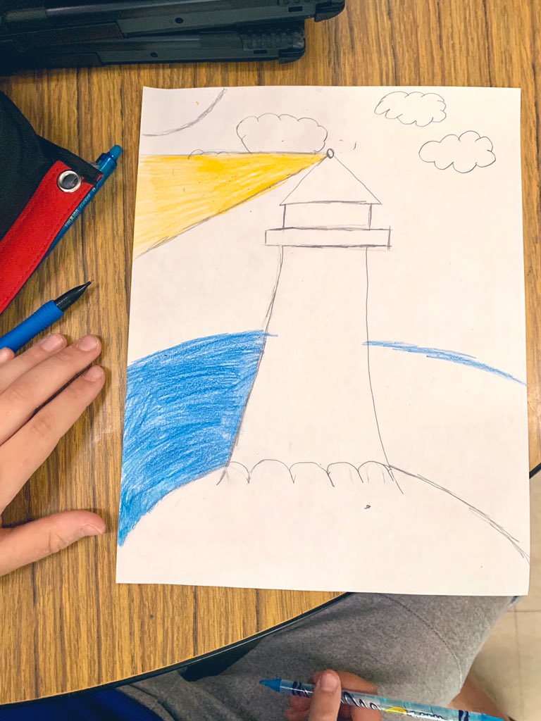 kajsamccullough's tweet photo. We had so much fun drawing a lighthouse with @jenhaught on our MES morning news to celebrate Lighthouse Recognition from @TheLeaderinMe! Way to lead, kids! #mesleads #messhines https://t.co/6J9uXteEbK