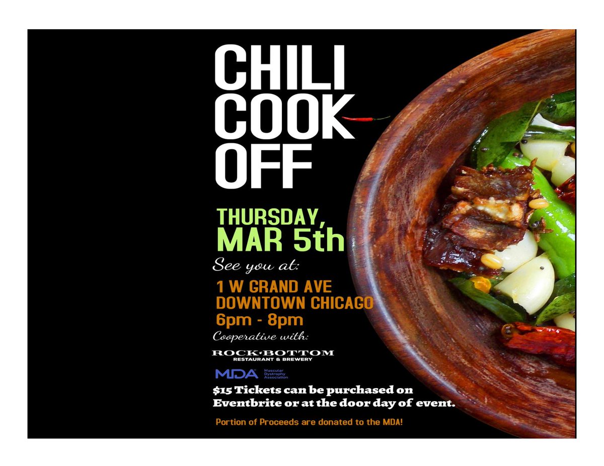 Our friends at <a href="/RockBottomChi/">Rock Bottom Chicago</a> are hosting their annual Fire Chief Chili Cookoff! The event takes place next Thursday, March 5th from 6pm-8pm. Portions of the proceeds are donated to Muscular Dystrophy Association 🤗🚒🌶️