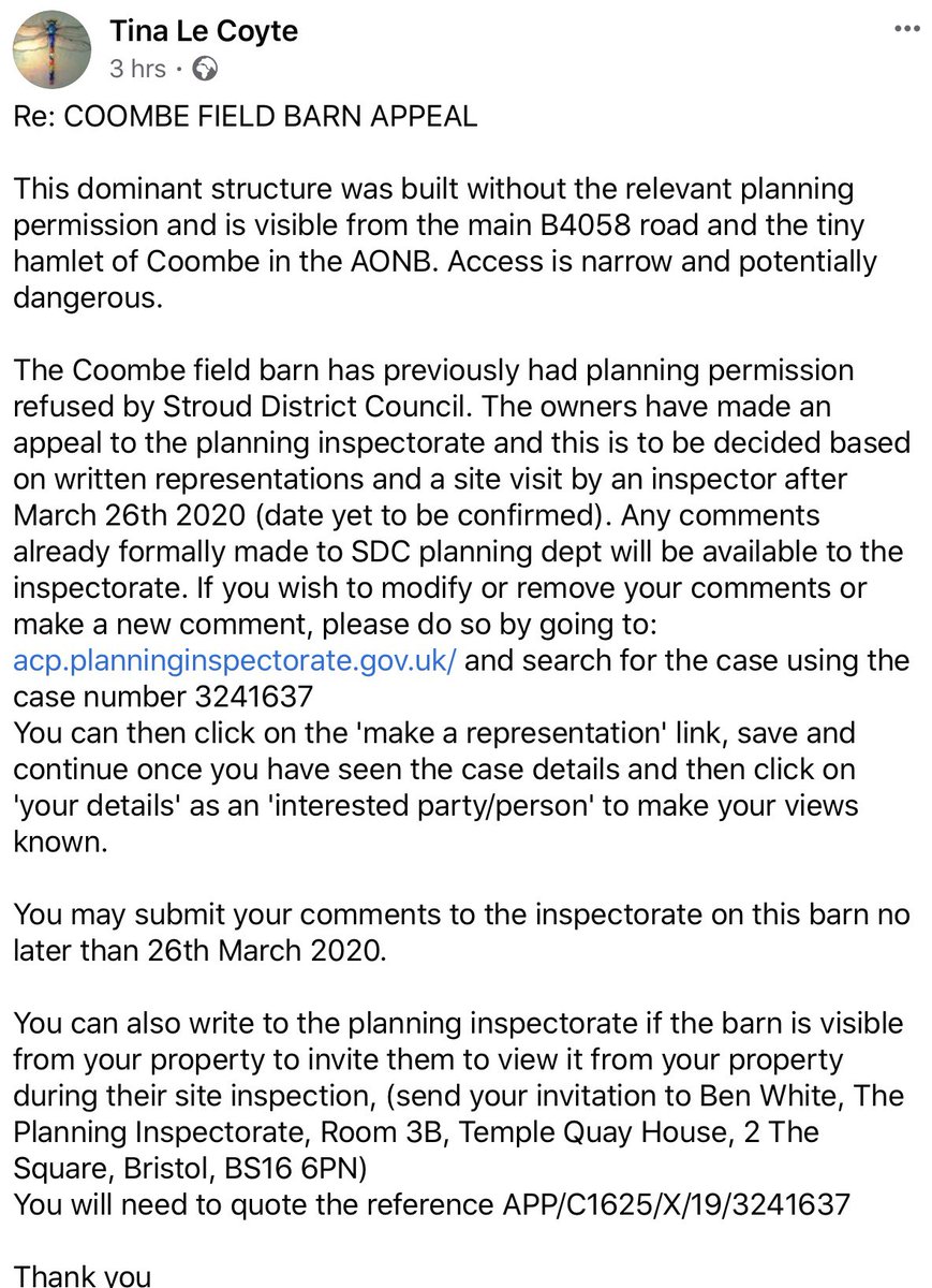 Re: COOMBE FIELD BARN APPEAL

This dominant structure was built without the relevant planning permission, is visible from the B4058 and the tiny hamlet of Coombe in the AONB. Access is narrow,dangerous.
acp.planninginspectorate.gov.uk and search for the case using the case number 3241637