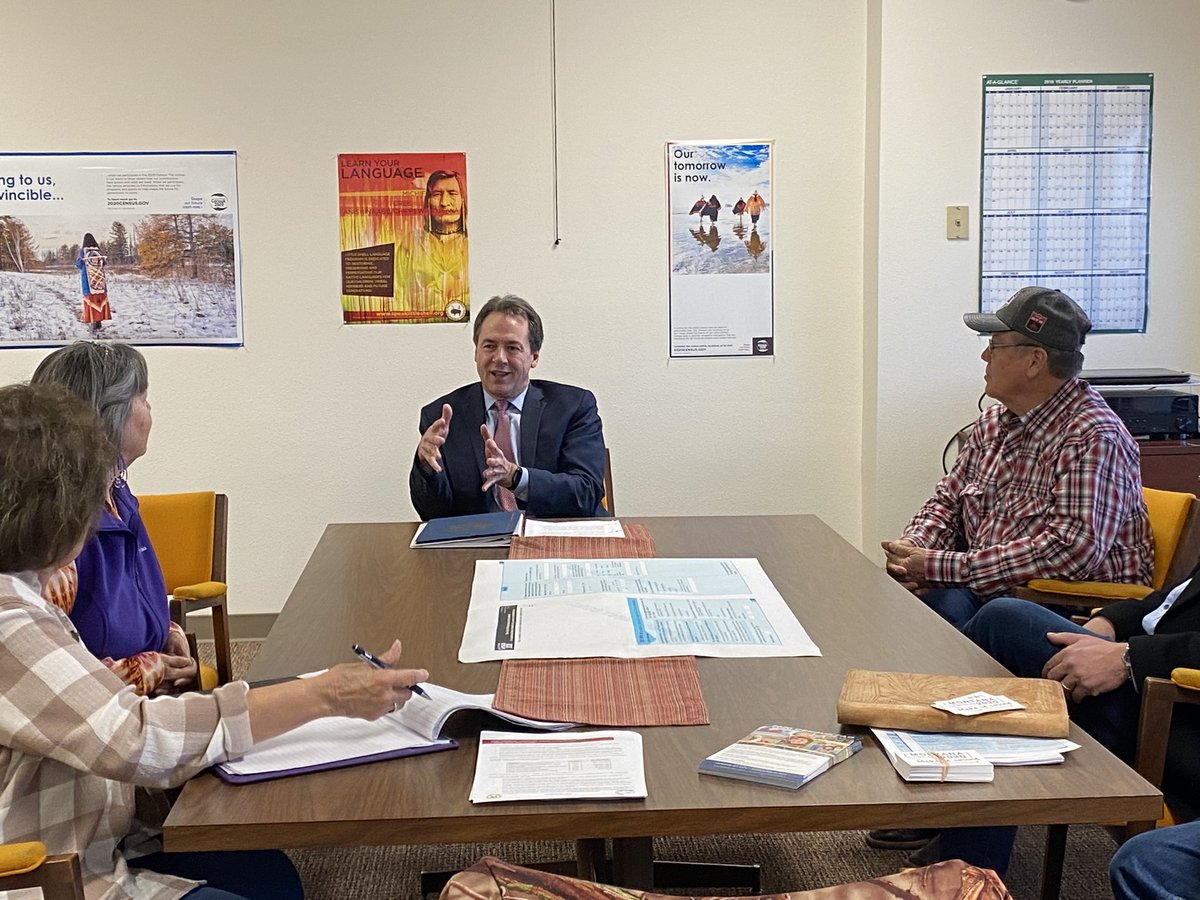 GovernorBullock's tweet photo. I joined Little Shell Tribe leaders today to discuss the Census. After becoming federally recognized, the Tribe is eligible to be accurately counted for the first time ever and have access to federal dollars for education, health care, and community planning. https://t.co/ygJ5w45v1a