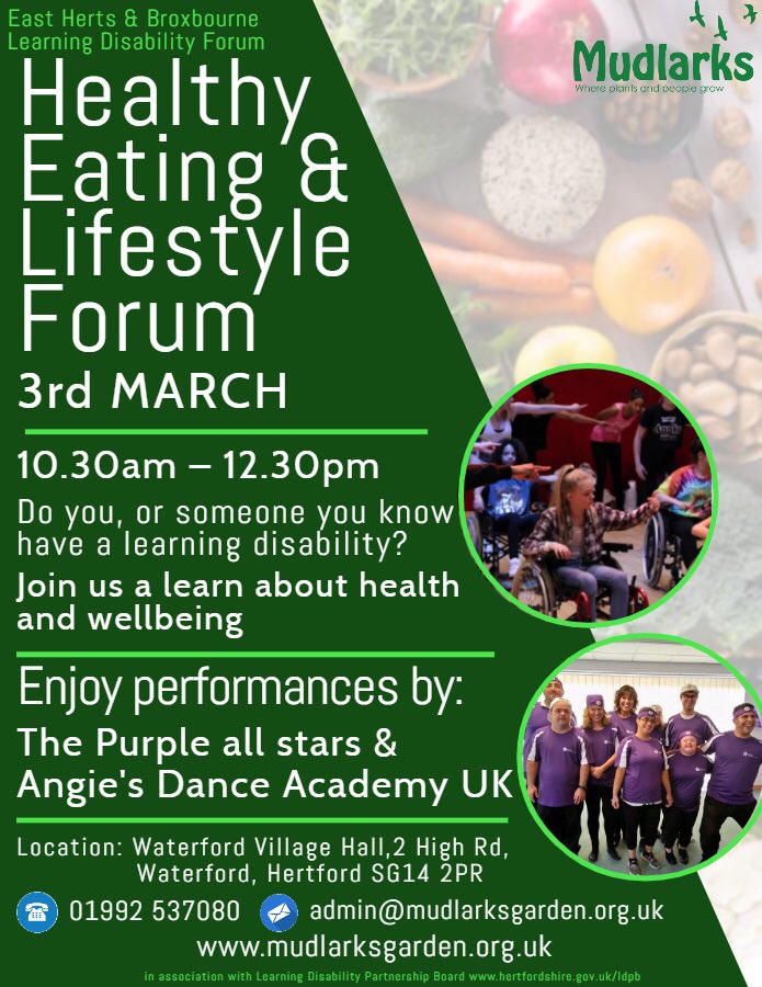 MudlarksGarden's tweet image. Our Learning Disability Forum next month is Healthy Eating and Lifestyle. Join us on 3 March, 10.30am – 12.30pm at Waterford Village Hall  - SG14 2PR. There will be performances from the Purple All Stars and Angie’s Dance Academy – inclusive dance for all.