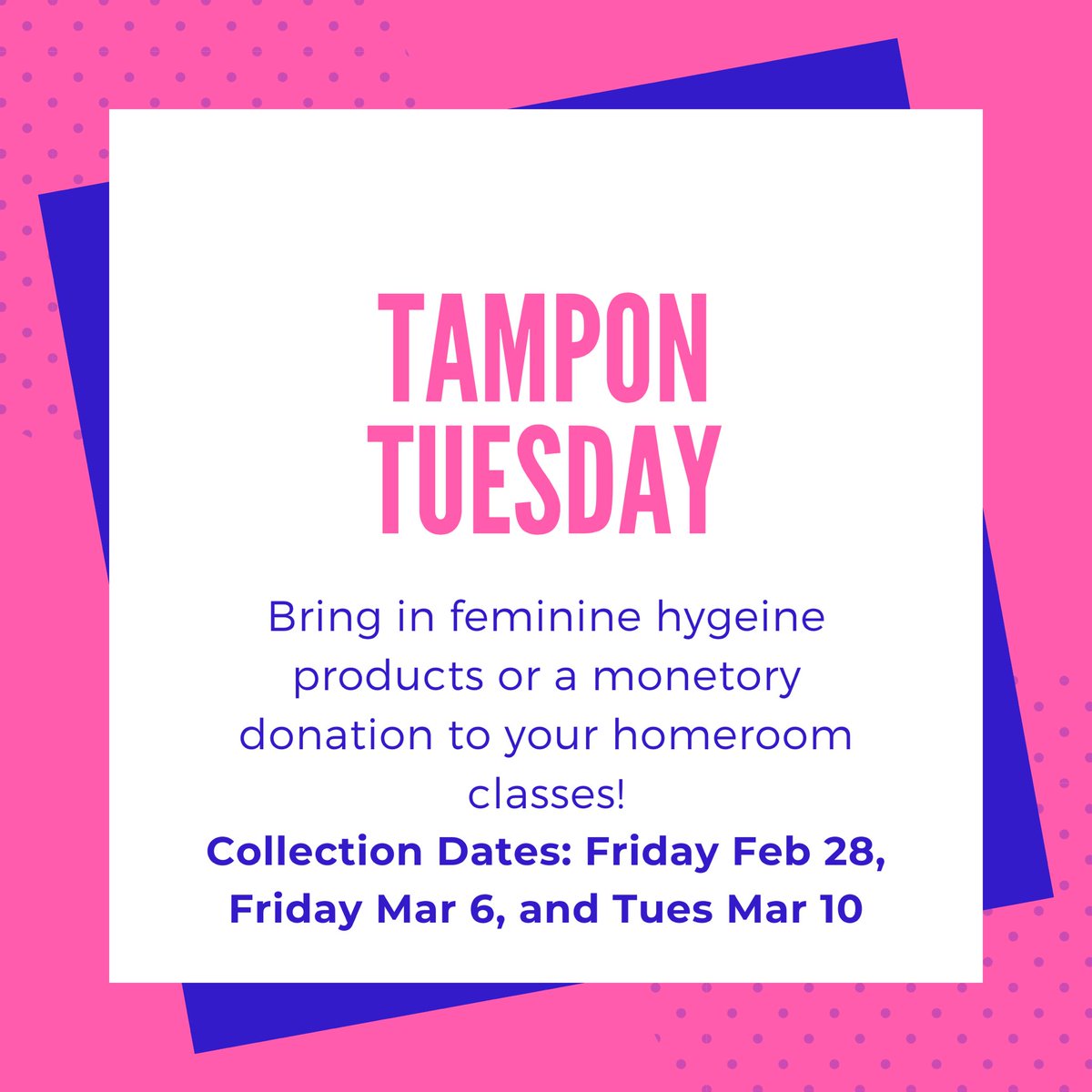 Cards! It’s the 2nd annual Tampon Tuesday event! We're collecting feminine hygiene products and monetary donations which will be donated to local women's shelters. This year it’s a competition between us, St.Joe's, Villanova, St. Anne's and Holy Names. Let’s help our community!