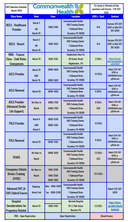 CHEMSemscw1's tweet photo. Classes are available to ALL EMS agencies in the region. Contact AJ Schrader at 570-706-5030 for more information or to host a class at your EMS agency. #EMS #chems #EducationForAll #GetOnBoard https://t.co/jiYw4N36Oi