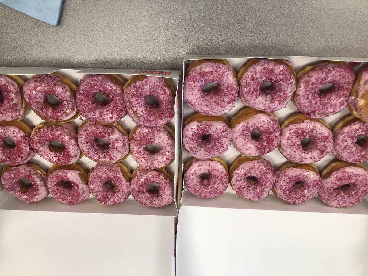 Pink frosted donuts with sprinkles! We miss you, Kathy Joyce. Always in our hearts. 💕 <a href="/Colls_ZaneNorth/">Mr. Santo</a> #collsedu