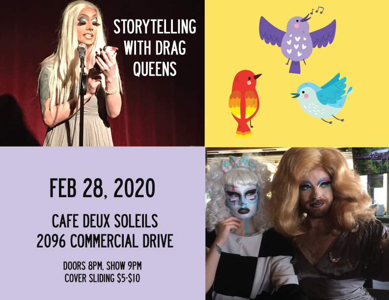 icoaat's tweet photo. Tomorrow night, Friday Feb 28 - Storytelling with #Drag
Theme: Ornithology at Cafe Deux Soleils 2096 Commercial Drive Doors 8pm, Show 9pm $5 cover! RSVP https://t.co/o4vxH6CPUQ Featuring the amazing Tara Beladi, Satanix, Delica Cee and Candie come help us party it up! #dragqueens https://t.co/0rpVwTuB3N