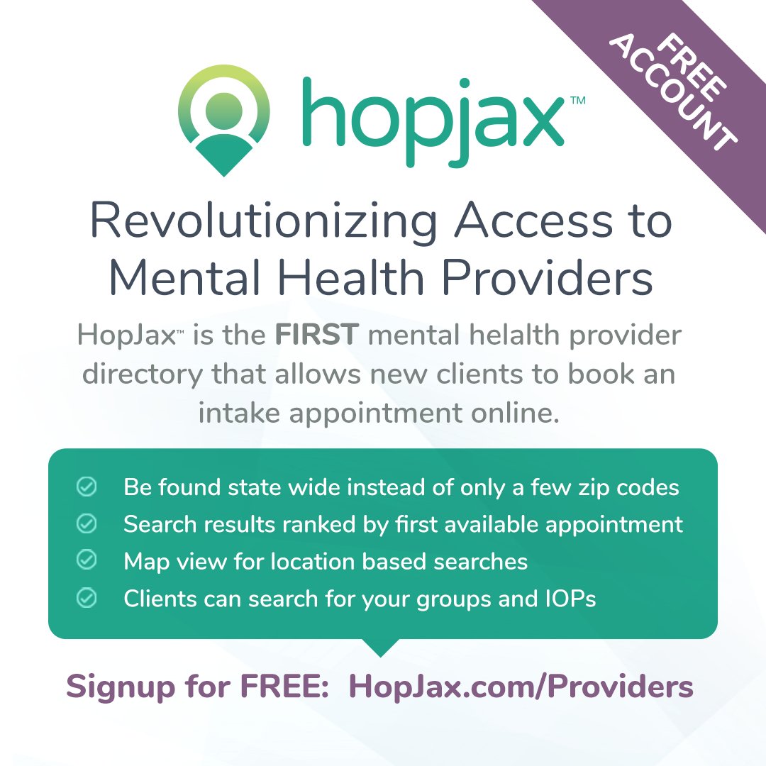 Hopjax's tweet image. 🚨 ATTENTION MENTAL HEALTH PROFESSIONALS 🚨

If you are a mental health professional seeking new clients, HopJax™ can help!

DON’T MISS THIS EXCLUSIVE OPPORTUNITY TO JOIN US IN REVOLUTIONIZING ACCESS TO MENTAL HEALTH PROVIDERS.

GET YOUR FOUNDERS ACCOUNT: hopjax.com/providers/