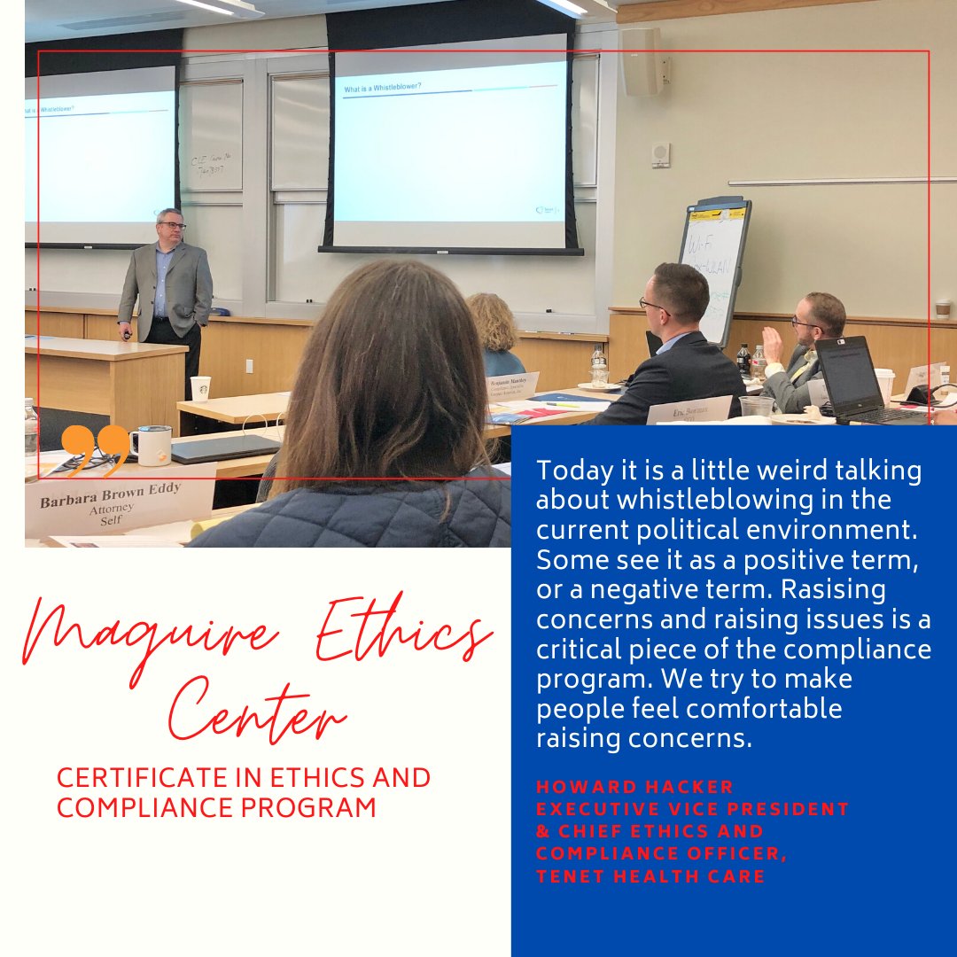 Maguire Ethics Center (@maguireethics) on Twitter photo Whistleblower? Snitch? Tattletale? Hero? <a href="/tenethealth/">Tenet Healthcare</a> Executive Vice President and Chief Ethics and Compliance Officer Howard Hacker redefines the meaning of the term #whistleblower. "In work you have to create a culture that celebrates whistleblowers as heroes." #SMUEthics Whistleblower? Snitch? Tattletale? Hero? <a href="/tenethealth/">Tenet Healthcare</a> Executive Vice President and Chief Ethics and Compliance Officer Howard Hacker redefines the meaning of the term #whistleblower. "In work you have to create a culture that celebrates whistleblowers as heroes." #SMUEthics