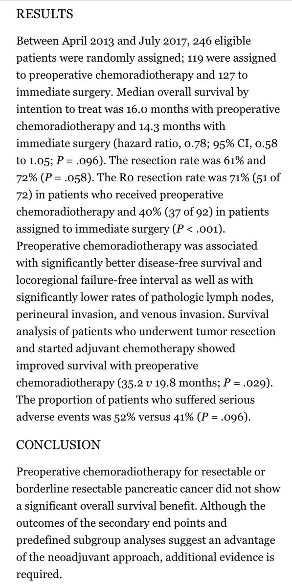 Dutch PREOPANC multicenter trial now in <a href="/JCO_ASCO/">Journal of Clinical Oncology</a>: Preoperative Chemoradiotherapy vs Immediate Surgery for Resectable and Borderline Resectable #PancreaticCancer: benefit only in secondary endpoints. ascopubs.org/doi/full/10.12…