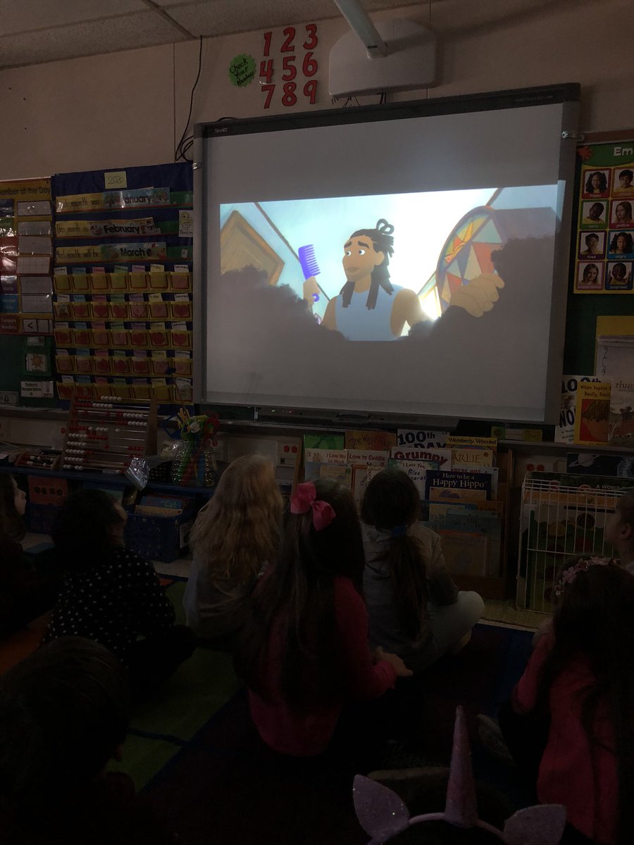 mswheatonlib's tweet photo. The second graders just had to watch @HairLoveShort after seeing the book previews from our @Scholastic bookfair!  #readthebookwatchthemovie https://t.co/qYptmZfZ5m