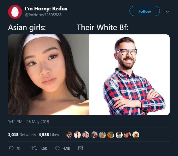 ricecelBP's tweet photo. EVEN NORMIES RECOGNIZE THAT ASIAN WOMEN ONLY LIKE WHITE MEN. #WMAF #blackpill #ricecel #incel #inceldom #racepill https://t.co/GTixptv1pW