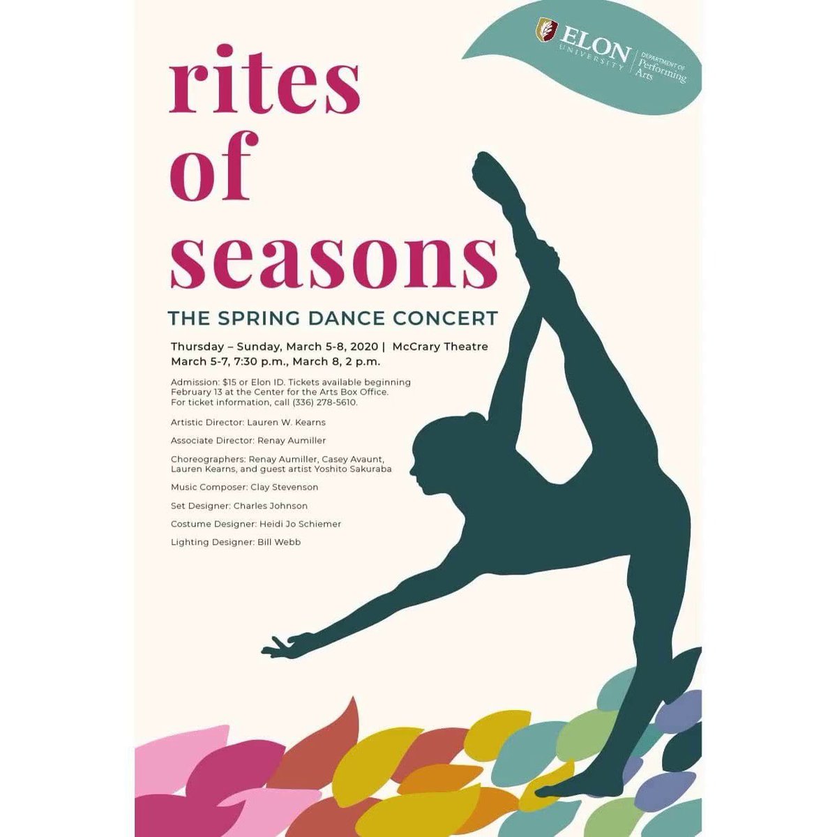 ElonPerfArts's tweet photo. "Rites of Seasons" opens one week from today in McCrary Theatre! Reserve your ticket now in the Center for the Arts Box Office or call (336) 278-5610. You do not want to miss this amazing production! #elonuniversity #elondance #elonperformingarts #springdanceconcert https://t.co/XbfWMW9uXF