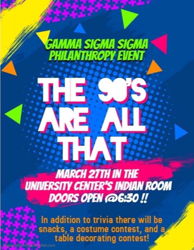 Gamma Sigma Sigma is having a 90’s trivia night and we are raising money for the Back Stoppers! 8 people or less to a table and each table costs $50!