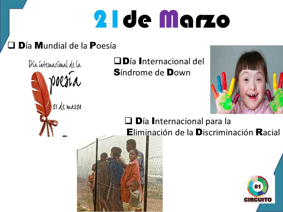 Circuito811's tweet photo. #Efemèrides Hoy celebra el Día Mundial del Síndrome de Down, esto con el fin de generar  una mayor conciencia a la población,  Además se conmemora  El Día Internacional de la Eliminación de la Discriminación Racial, y el dìa mundial de la Poesía https://t.co/k5rFUYKWLA