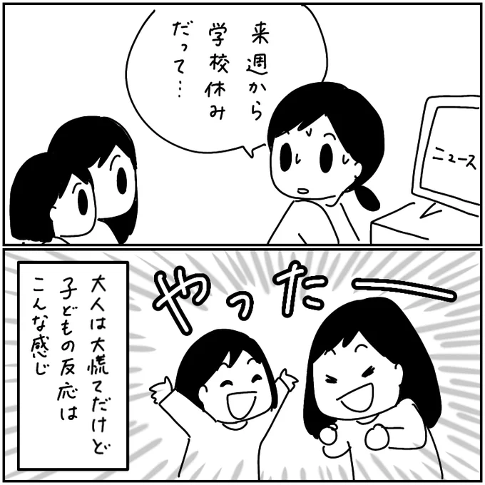 休校が決まってもう大騒ぎよ。
子どもはこれでいいけど親は毎日通勤電車で都会に出てるわけやし… 