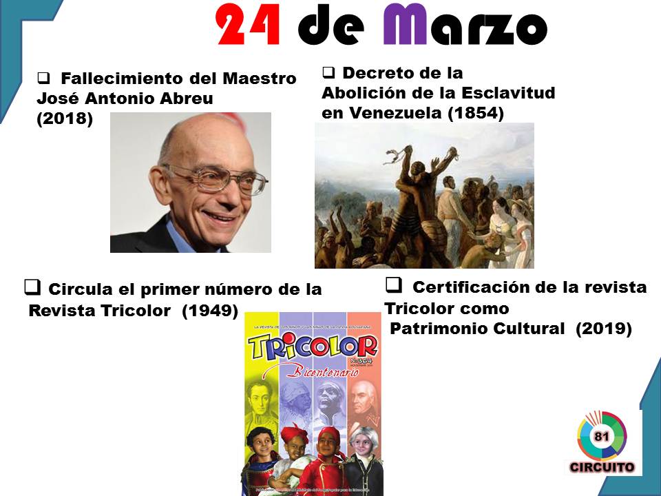 Circuito811's tweet photo. #Efemérides Hoy se conmemora #166 años de la Abolición de la esclavitud en Venezuela, esto bajo el mandato de  José Gregorio Monagas. Se cumplen un año más de la partida física músico, economista, político y Educador Josè Antonio Abreu. https://t.co/Sr6Gk5sTs7