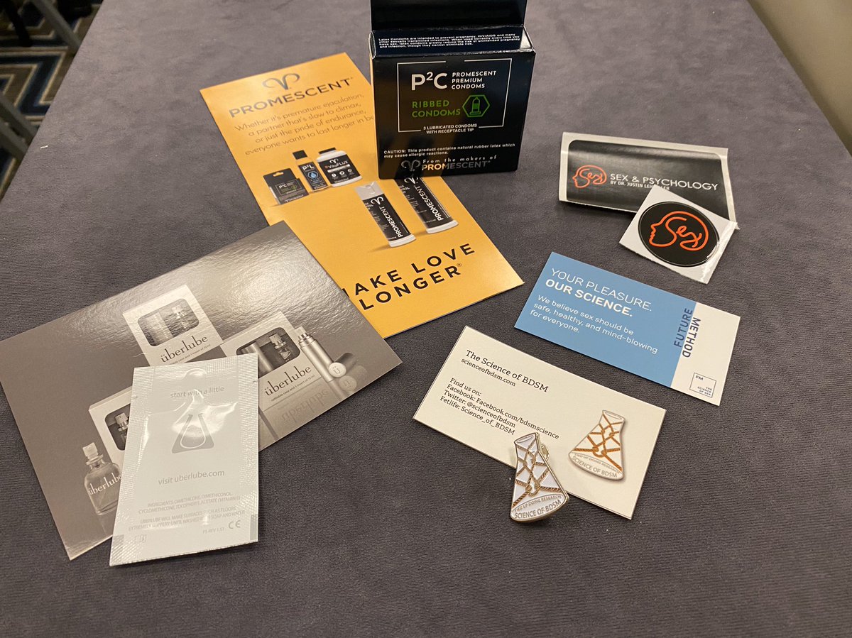 JustinLehmiller's tweet image. We had swag bags and raffles galore at #SexatSPSP featuring products generously donated by @Promescent, @uberlube, and Future Method, plus Sex &amp;amp; Psychology stickers and Science of BDSM pins! Sex researchers have more fun! #SPSP2020