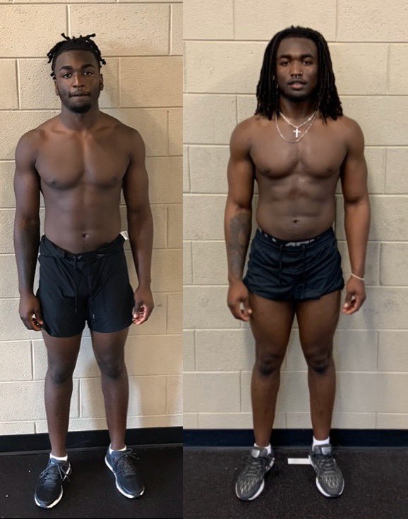 Nick__DiMarco's tweet photo. Freshman from July of 2019 to now, putting in work. Up 30 lbs, same wt, down 32lbs, up 20lbs. No matter your goal, sprint, plyos, lift (1x20 for freshman) eat real foods, and good things happen. https://t.co/e5ShraBLOP