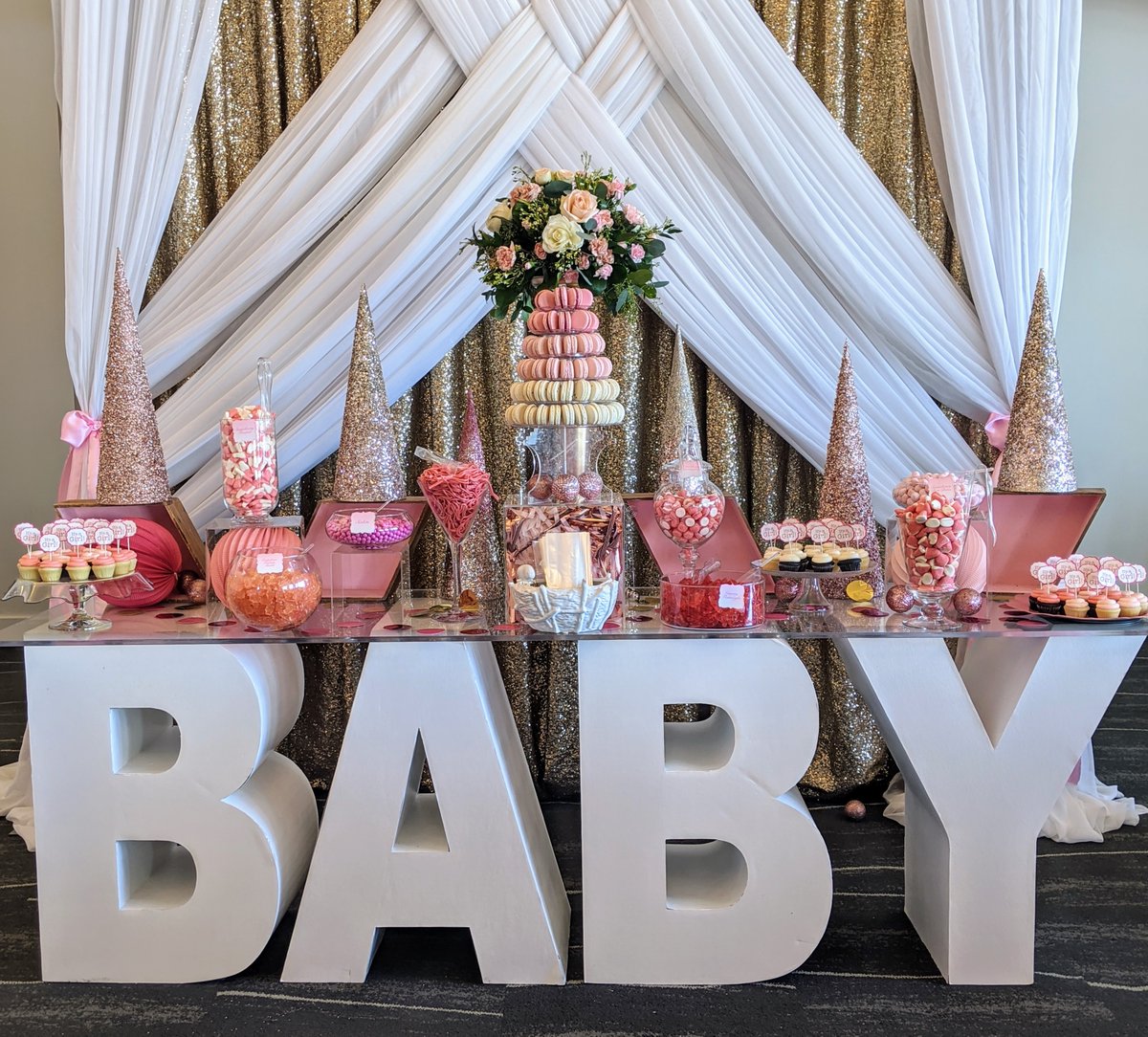 We're tickled pink thinking back on this dessert table we did last month for a baby shower! Email us at candy@sugarcubeyyc.com for info on your own candy table!

Backdrop and Table: @chairflair 
Flowers: @Creativeedgeflowersyyc
Cupcakes: @cakebakeshoppe
Macarons: <a href="/ByOllia/">Ollia Macarons & Tea</a>