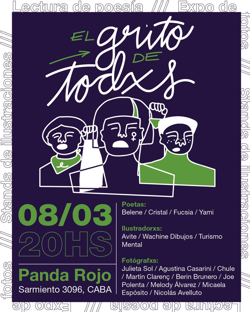 amalgamaok's tweet photo. 📣 ¡El grito de todxs!
Domingo 8 de Marzo, expo de fotos, lectura de poesía y stands de ilustraciones.
Post marcha Día de la Mujer, Amalgama te invita a gritar en contra de la violencia de género✊💜.

//Lxs esperamos a las 20hs en @pandarojocultural (Sarmiento 3096, CABA)//. https://t.co/lrJ5Dqh7Wm