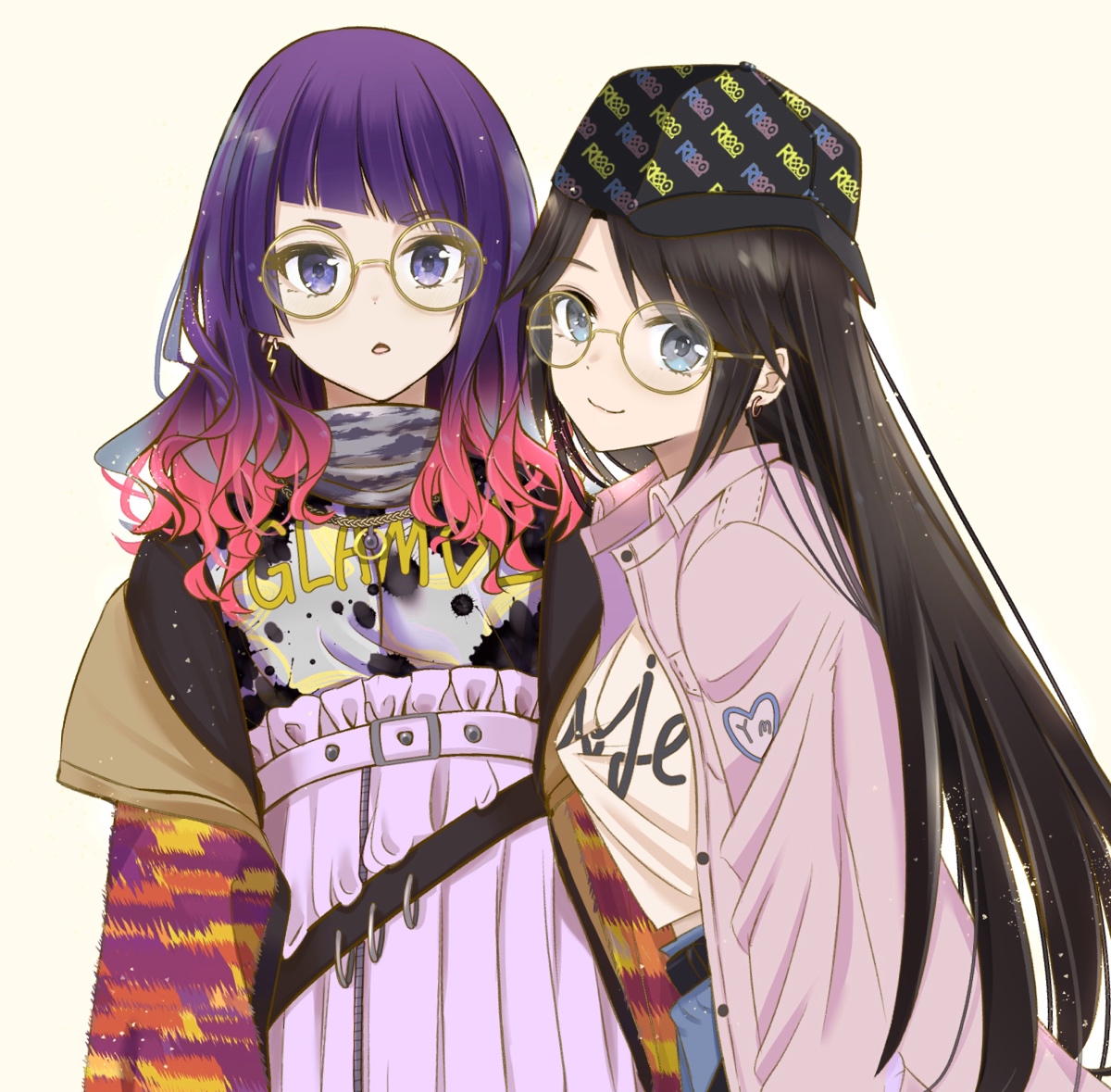 tanaka mamimi multiple girls 2girls glasses diagonal bangs purple hair jacket round eyewear  illustration images