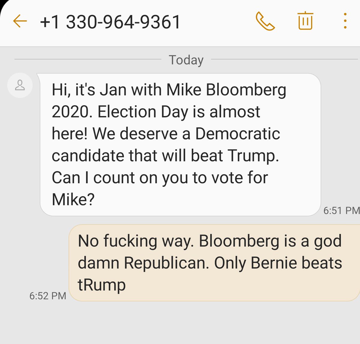 CampaignWrks's tweet photo. Some how Bloomberg got my number. #Bloomberged https://t.co/9ncEai00R4