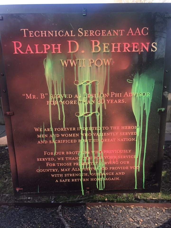 uca_pike's tweet photo. Sadly, we woke up this morning to see that not only our letters, but what served as a monument to honor Mr. B, had been defaced. It is unfortunate and disappointing that a memorial for a WWII POW like Mr. Behrens would be the target of such vandalism. https://t.co/qYtYFHbfXZ